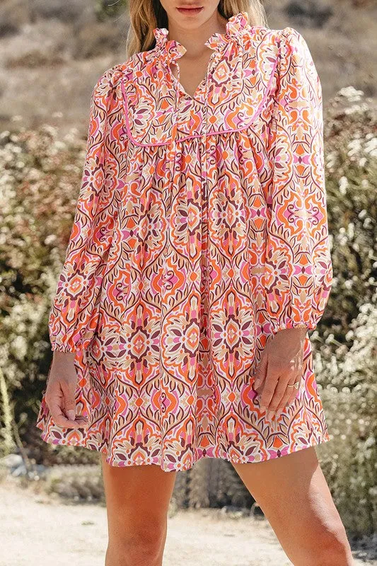 Boho Printed Long Sleeve Tied Neckline Mini Dress