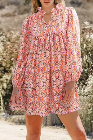 Boho Printed Long Sleeve Tied Neckline Mini Dress