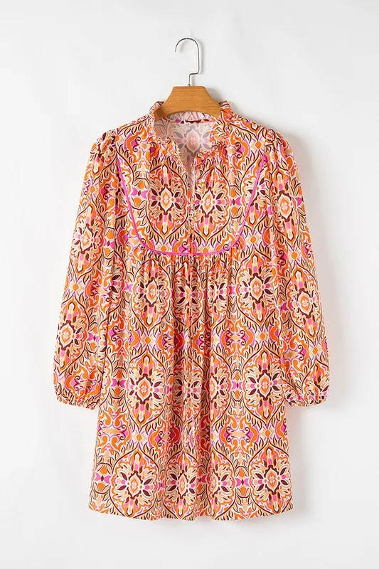 Boho Printed Long Sleeve Tied Neckline Mini Dress