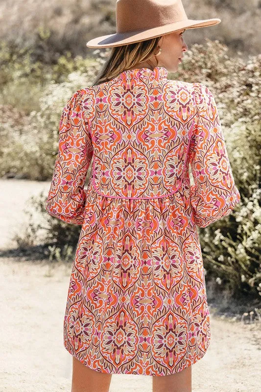 Boho Printed Long Sleeve Tied Neckline Mini Dress