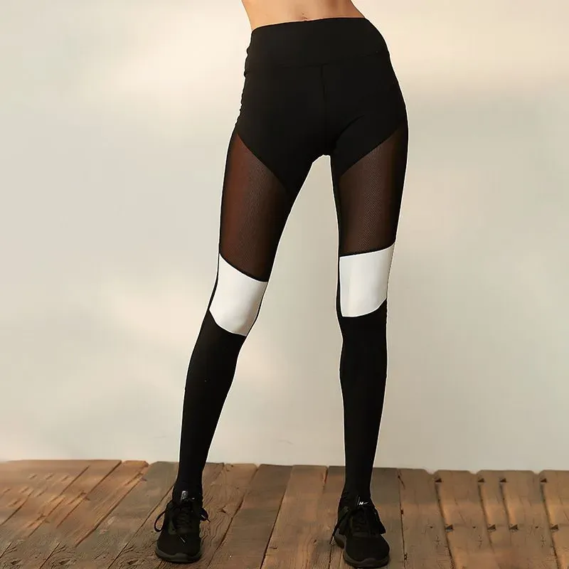 BoldShift High-Waist Contrast Sheer Mesh Panel Leggings