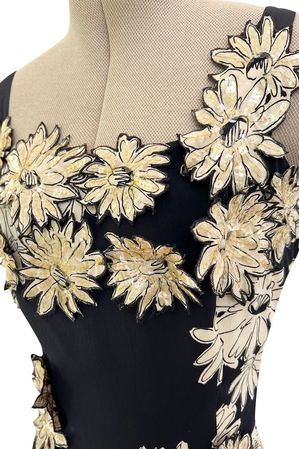 Bombshell Late 1940s Early 1950s Deep Blue Silk Wiggle Dress w Hand Cut Sequin Floral Applique