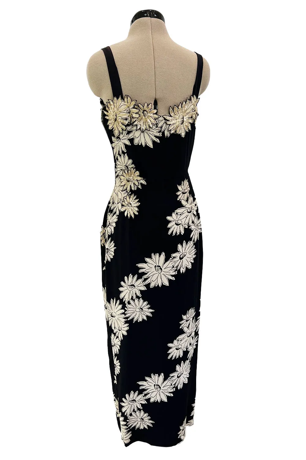 Bombshell Late 1940s Early 1950s Deep Blue Silk Wiggle Dress w Hand Cut Sequin Floral Applique