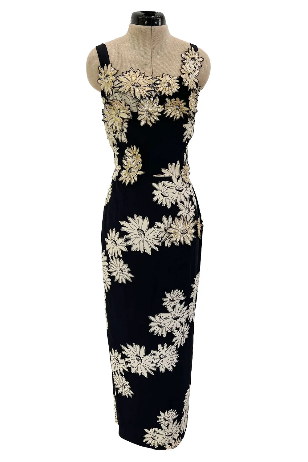 Bombshell Late 1940s Early 1950s Deep Blue Silk Wiggle Dress w Hand Cut Sequin Floral Applique