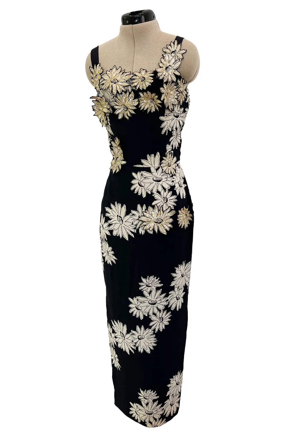 Bombshell Late 1940s Early 1950s Deep Blue Silk Wiggle Dress w Hand Cut Sequin Floral Applique