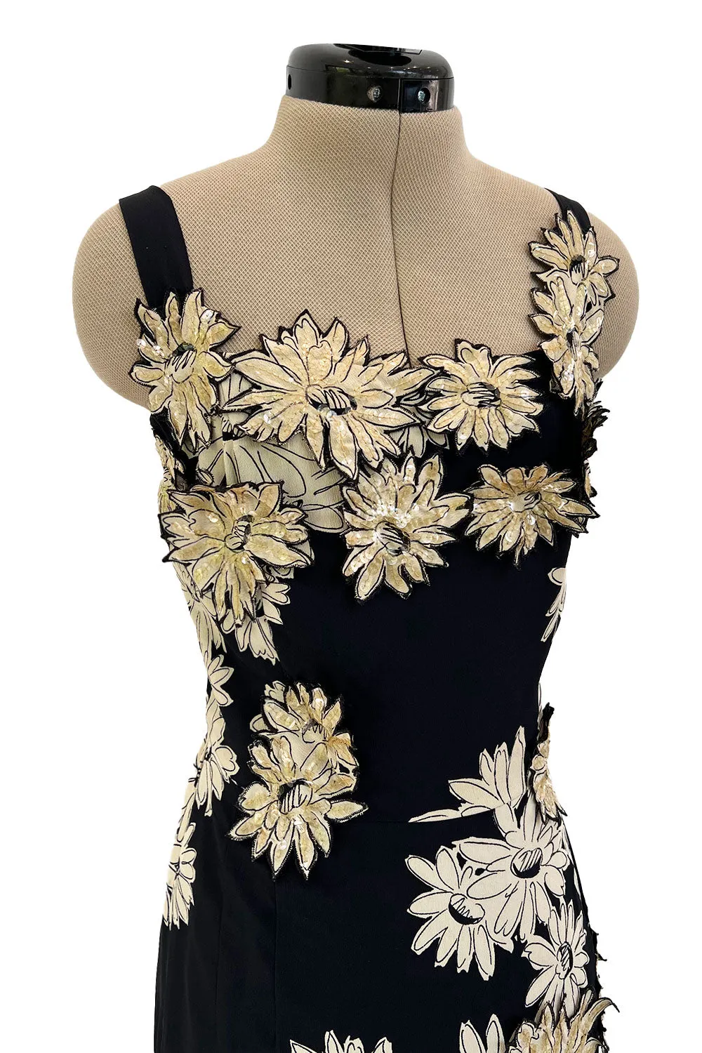 Bombshell Late 1940s Early 1950s Deep Blue Silk Wiggle Dress w Hand Cut Sequin Floral Applique