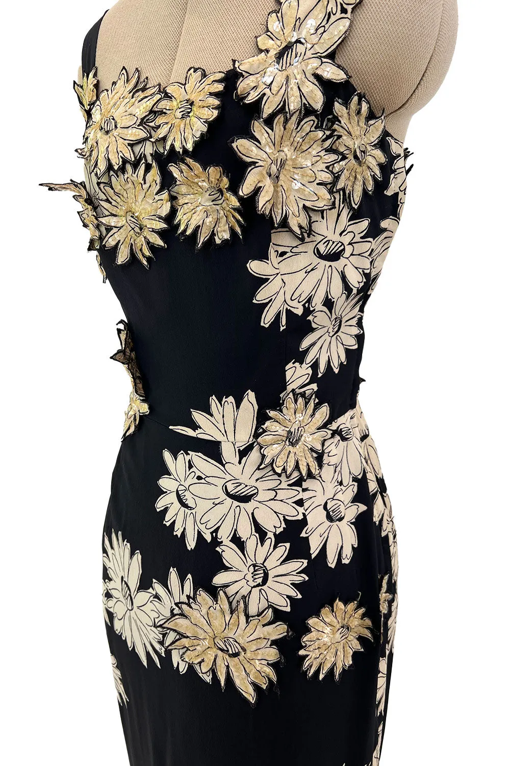 Bombshell Late 1940s Early 1950s Deep Blue Silk Wiggle Dress w Hand Cut Sequin Floral Applique