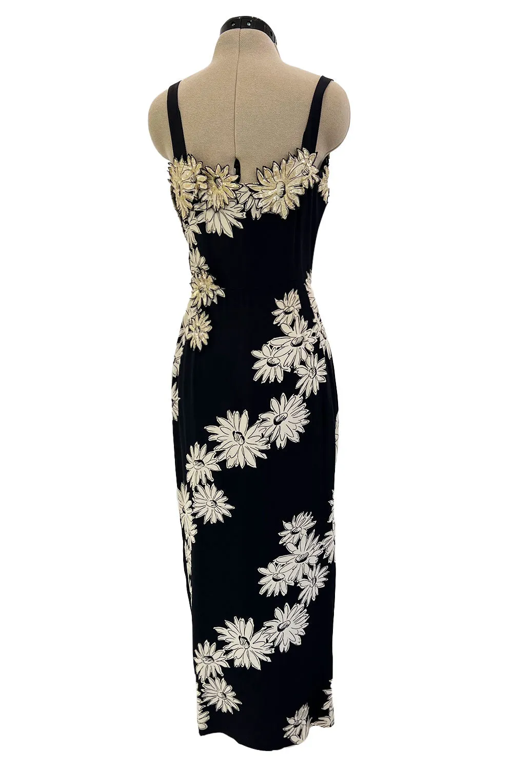 Bombshell Late 1940s Early 1950s Deep Blue Silk Wiggle Dress w Hand Cut Sequin Floral Applique