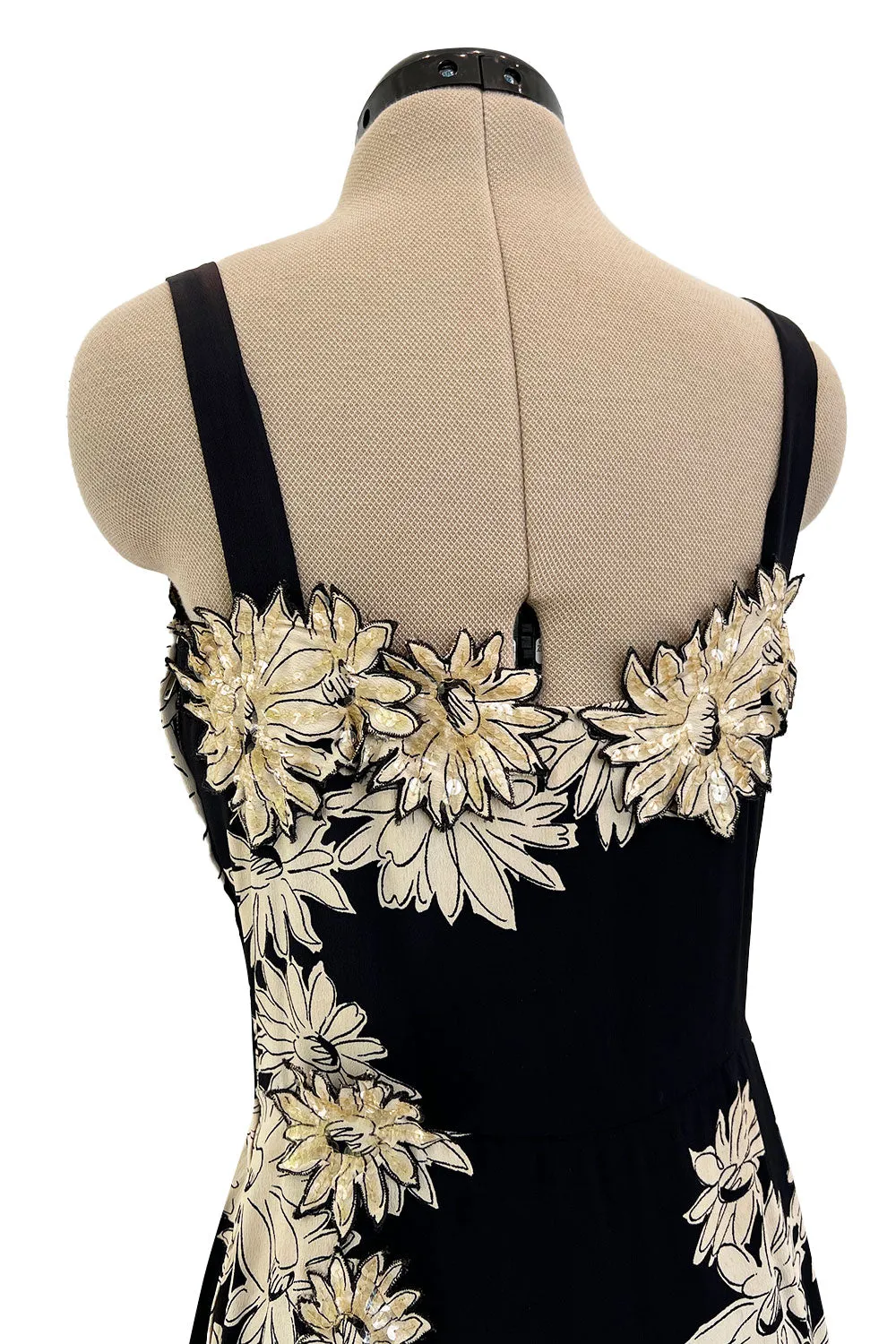 Bombshell Late 1940s Early 1950s Deep Blue Silk Wiggle Dress w Hand Cut Sequin Floral Applique