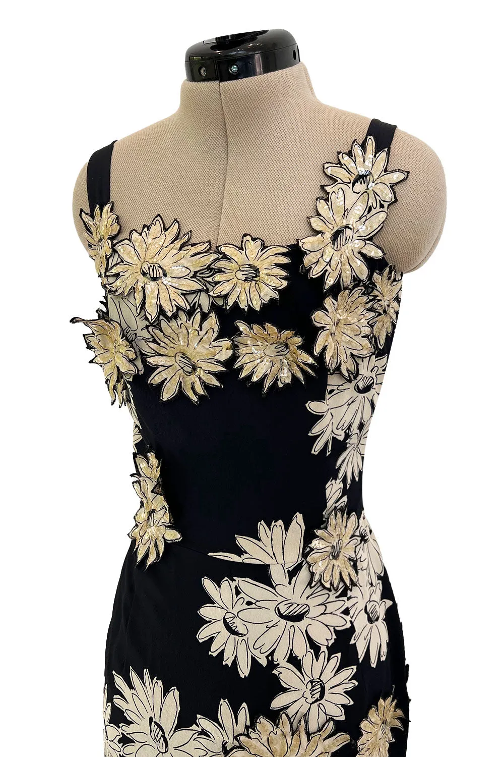 Bombshell Late 1940s Early 1950s Deep Blue Silk Wiggle Dress w Hand Cut Sequin Floral Applique