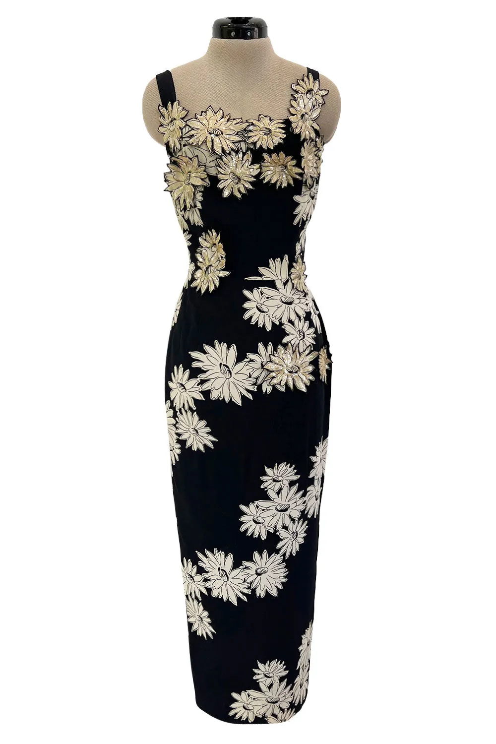 Bombshell Late 1940s Early 1950s Deep Blue Silk Wiggle Dress w Hand Cut Sequin Floral Applique