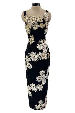 Bombshell Late 1940s Early 1950s Deep Blue Silk Wiggle Dress w Hand Cut Sequin Floral Applique
