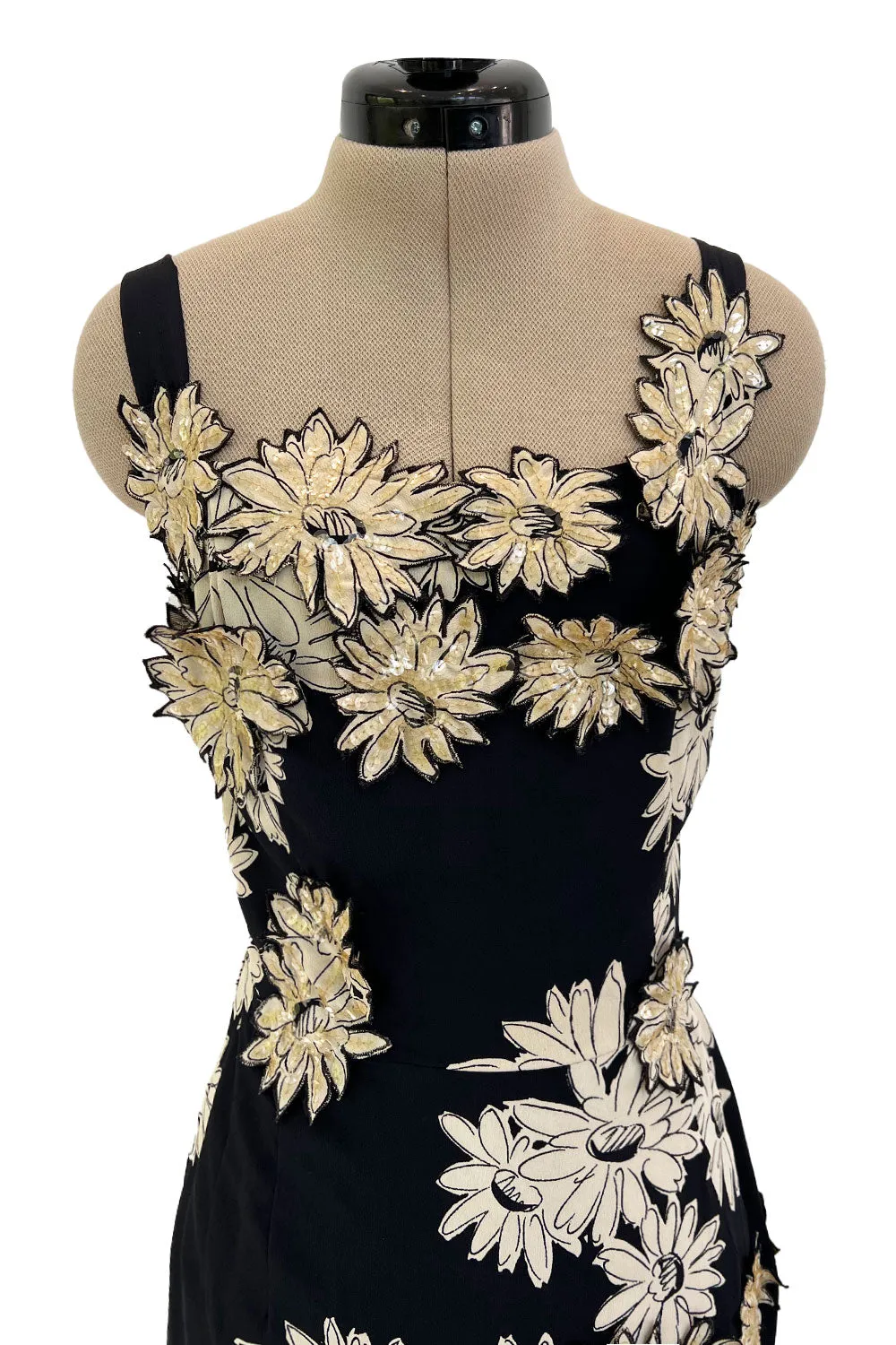 Bombshell Late 1940s Early 1950s Deep Blue Silk Wiggle Dress w Hand Cut Sequin Floral Applique