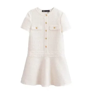 Button-Up Short Sleeve Tweed Dress