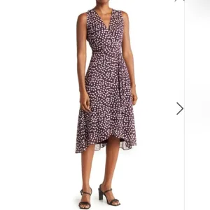 CALVIN KLEIN Polka Dot Faux Wrap High-Low Midi Dress