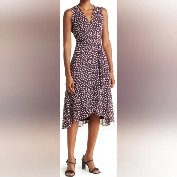 CALVIN KLEIN Polka Dot Faux Wrap High-Low Midi Dress