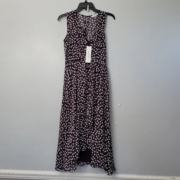 CALVIN KLEIN Polka Dot Faux Wrap High-Low Midi Dress