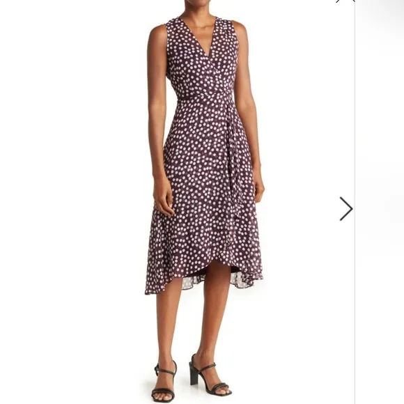 CALVIN KLEIN Polka Dot Faux Wrap High-Low Midi Dress