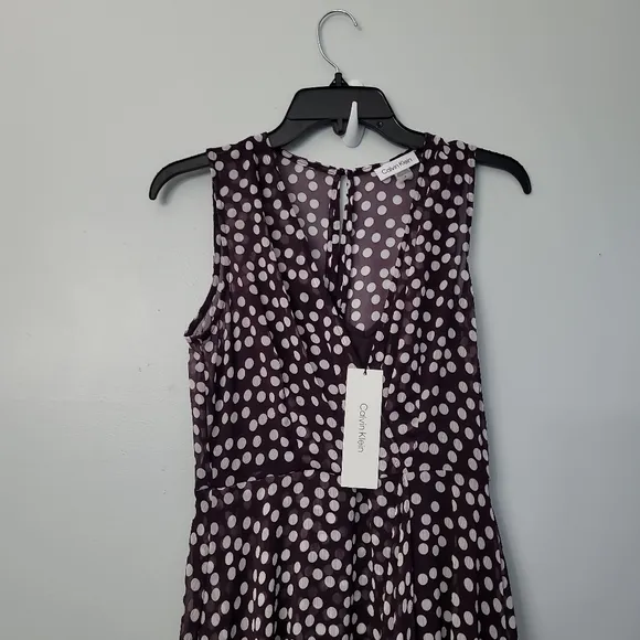 CALVIN KLEIN Polka Dot Faux Wrap High-Low Midi Dress