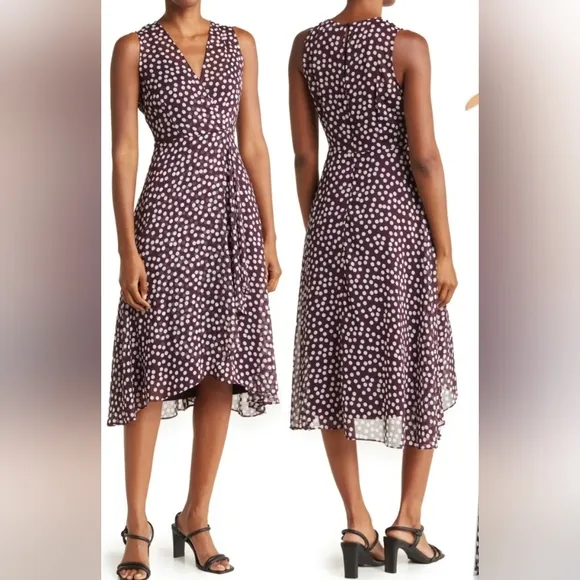 CALVIN KLEIN Polka Dot Faux Wrap High-Low Midi Dress