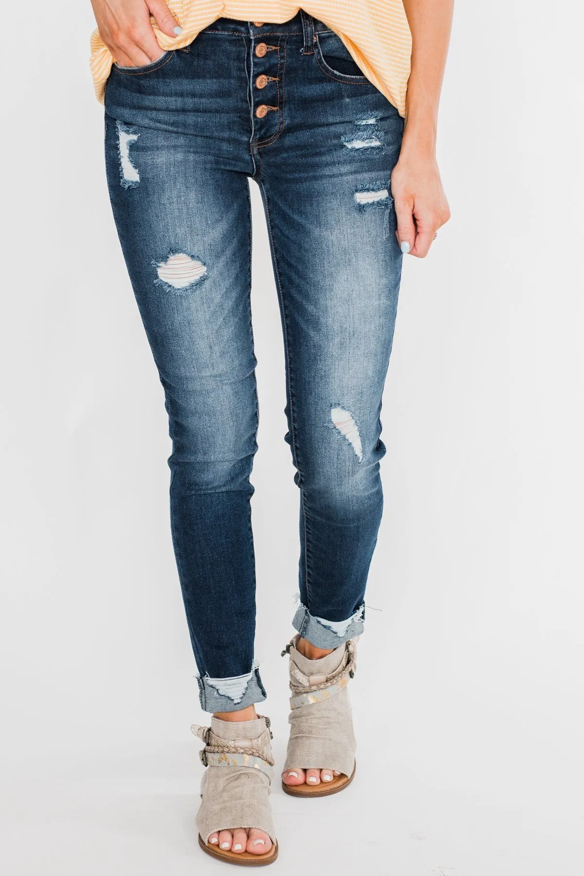 C'est Toi Distressed Button Fly Skinnies- Emily Wash