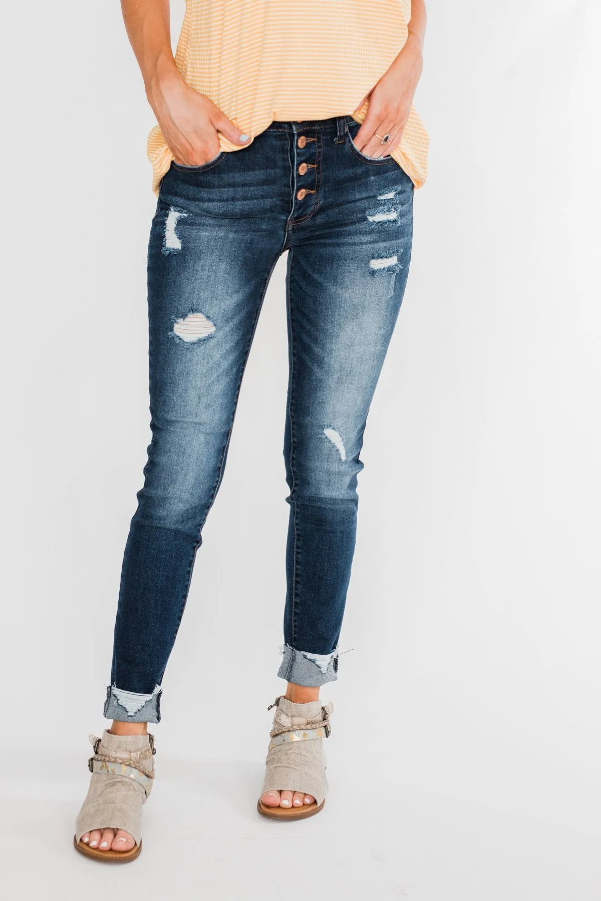 C'est Toi Distressed Button Fly Skinnies- Emily Wash