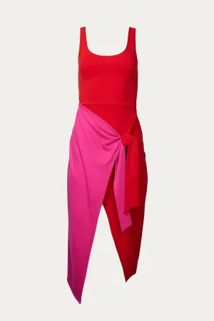 COLOR-BLOCK WRAP-EFFECT MIDI DRESS