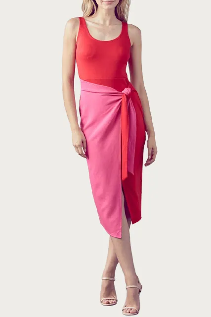 COLOR-BLOCK WRAP-EFFECT MIDI DRESS