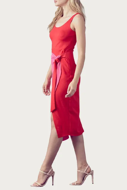 COLOR-BLOCK WRAP-EFFECT MIDI DRESS