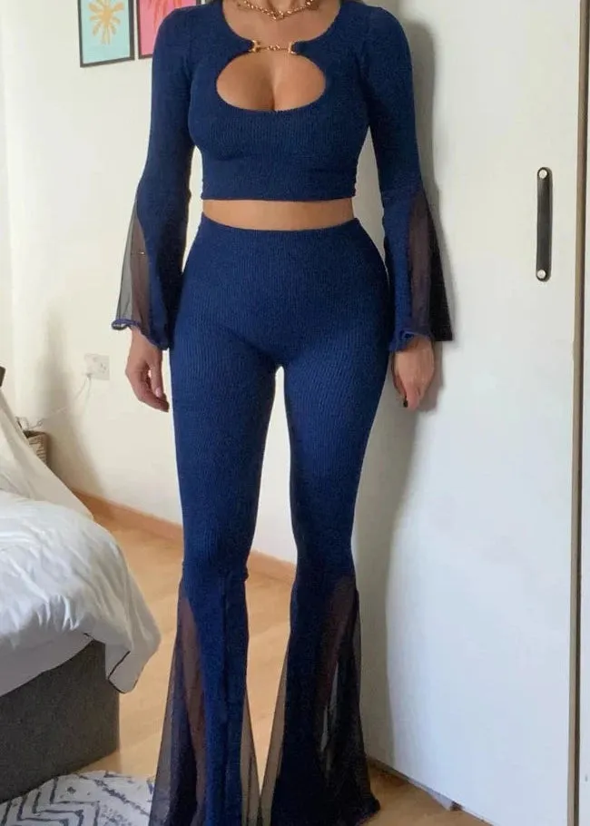 Crinkle Mesh Mix Flares in Navy