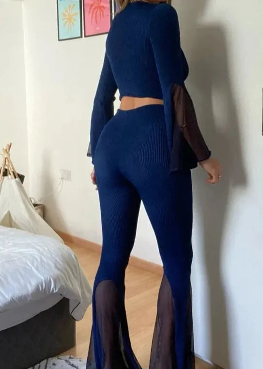 Crinkle Mesh Mix Flares in Navy