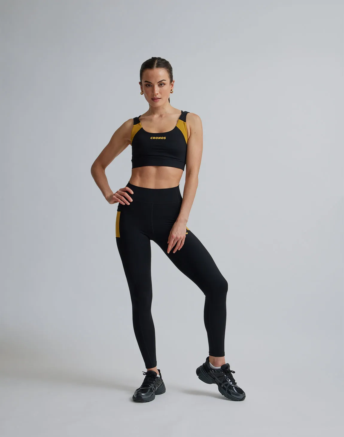 CRONOS WOMEN SPORTS MESH LEGGINGS【BLACK×YELLOW】