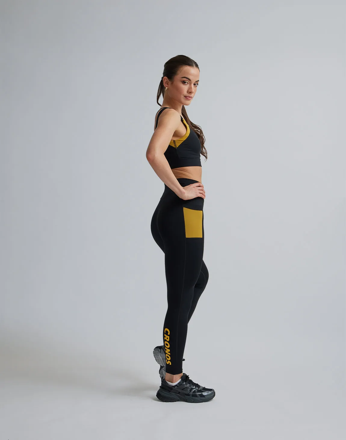 CRONOS WOMEN SPORTS MESH LEGGINGS【BLACK×YELLOW】