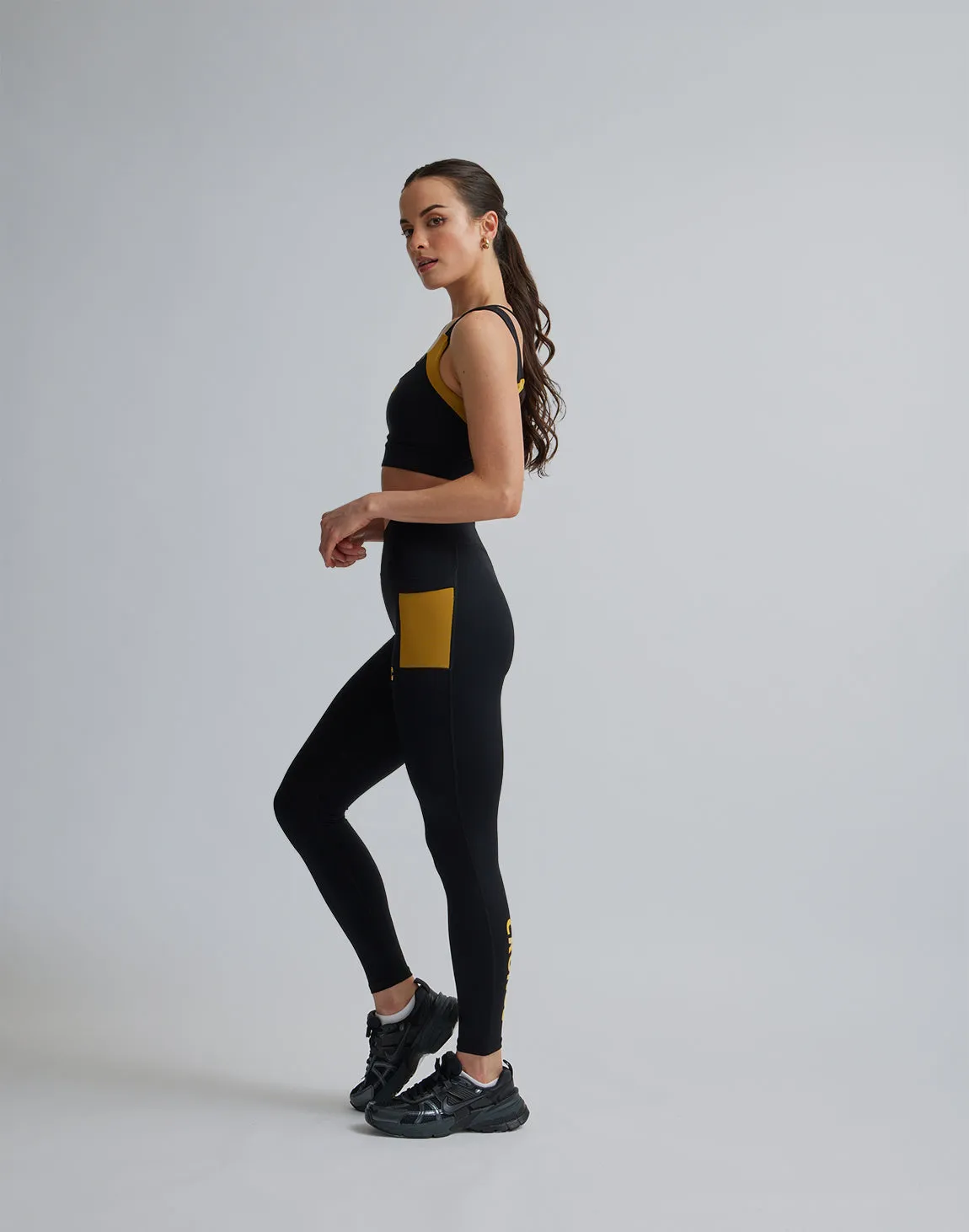 CRONOS WOMEN SPORTS MESH LEGGINGS【BLACK×YELLOW】