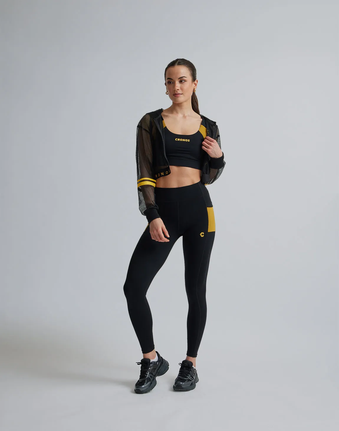 CRONOS WOMEN SPORTS MESH LEGGINGS【BLACK×YELLOW】