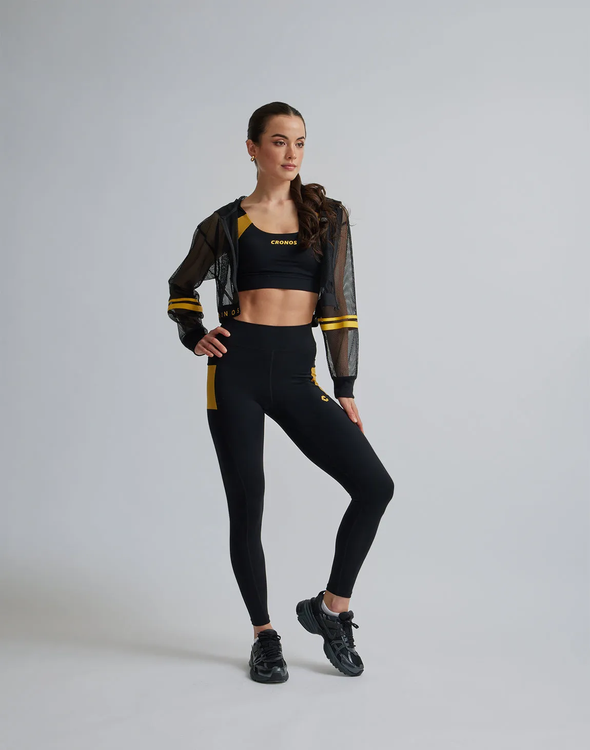 CRONOS WOMEN SPORTS MESH LEGGINGS【BLACK×YELLOW】