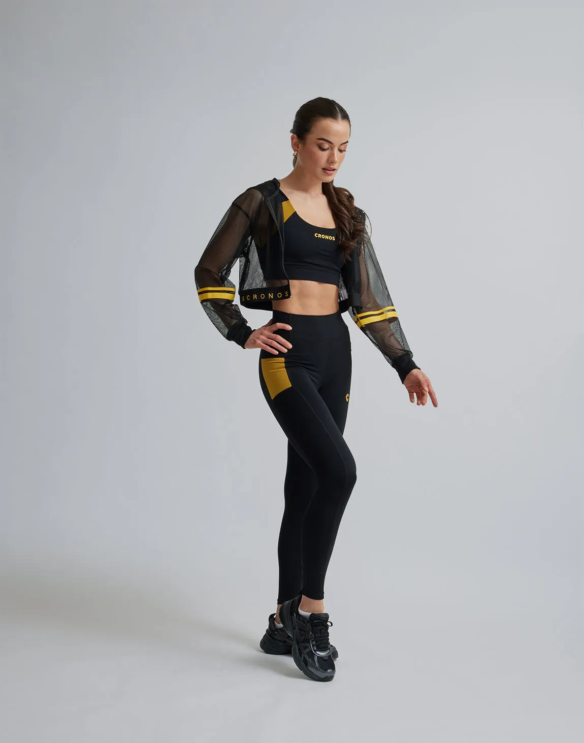CRONOS WOMEN SPORTS MESH LEGGINGS【BLACK×YELLOW】