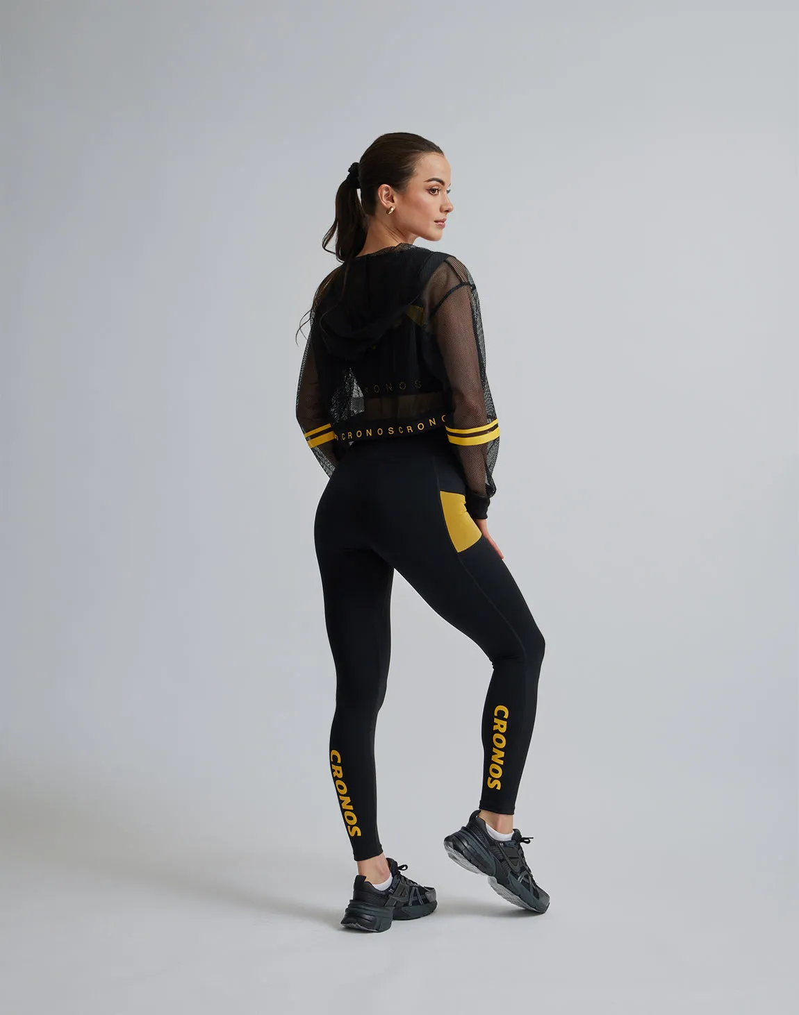 CRONOS WOMEN SPORTS MESH LEGGINGS【BLACK×YELLOW】