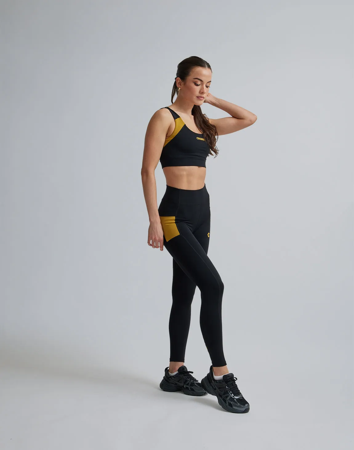 CRONOS WOMEN SPORTS MESH LEGGINGS【BLACK×YELLOW】