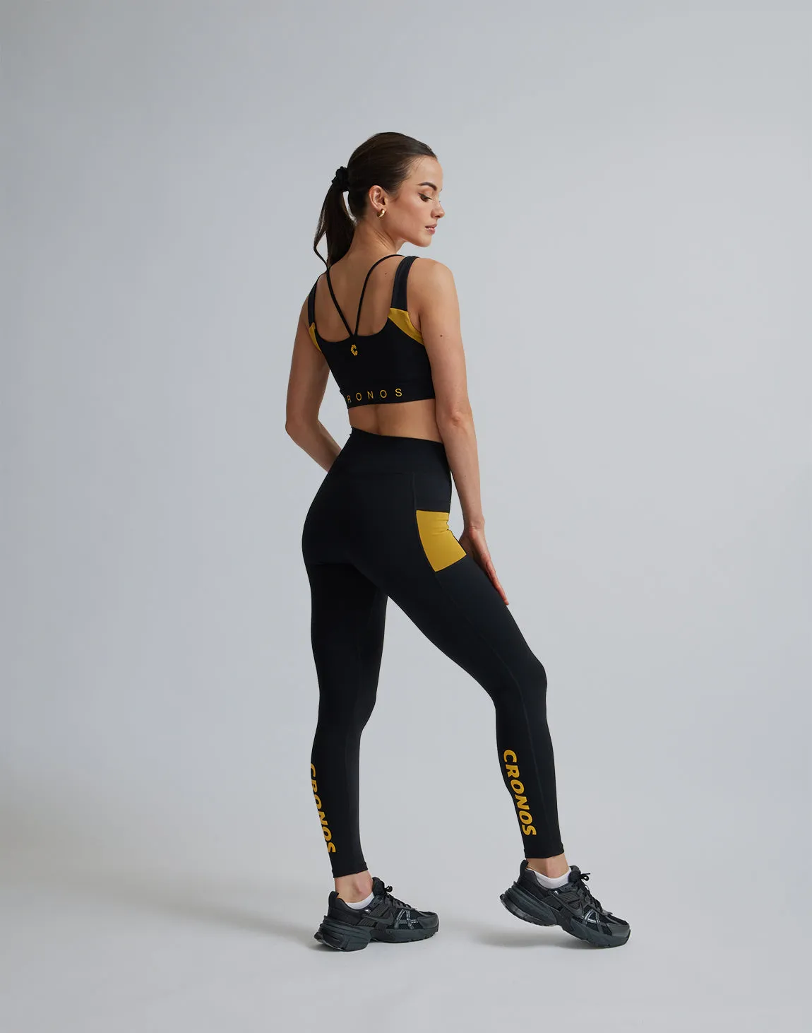 CRONOS WOMEN SPORTS MESH LEGGINGS【BLACK×YELLOW】