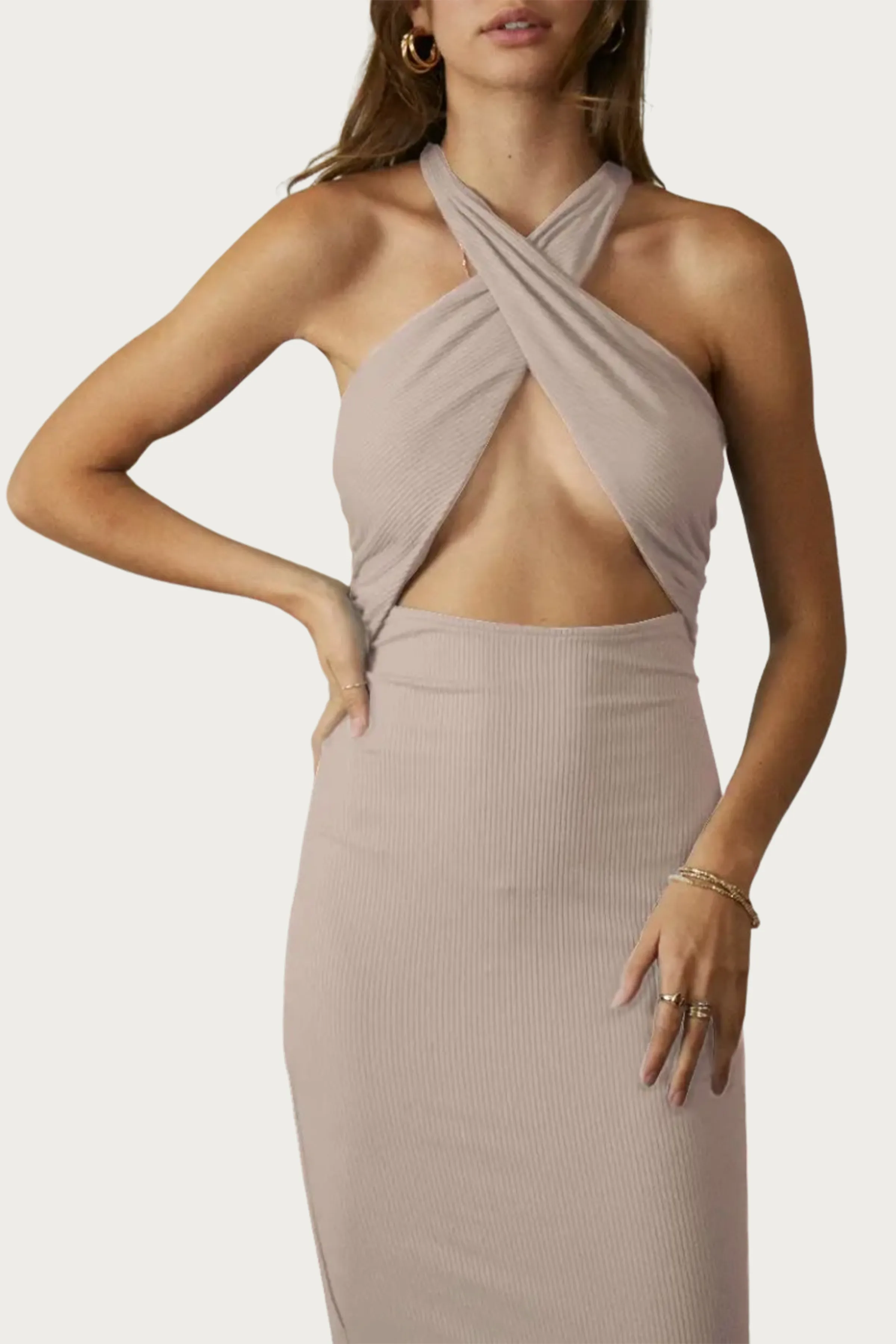 CROSS-FRONT CUTOUT STRETCH-MODAL MIDI DRESS
