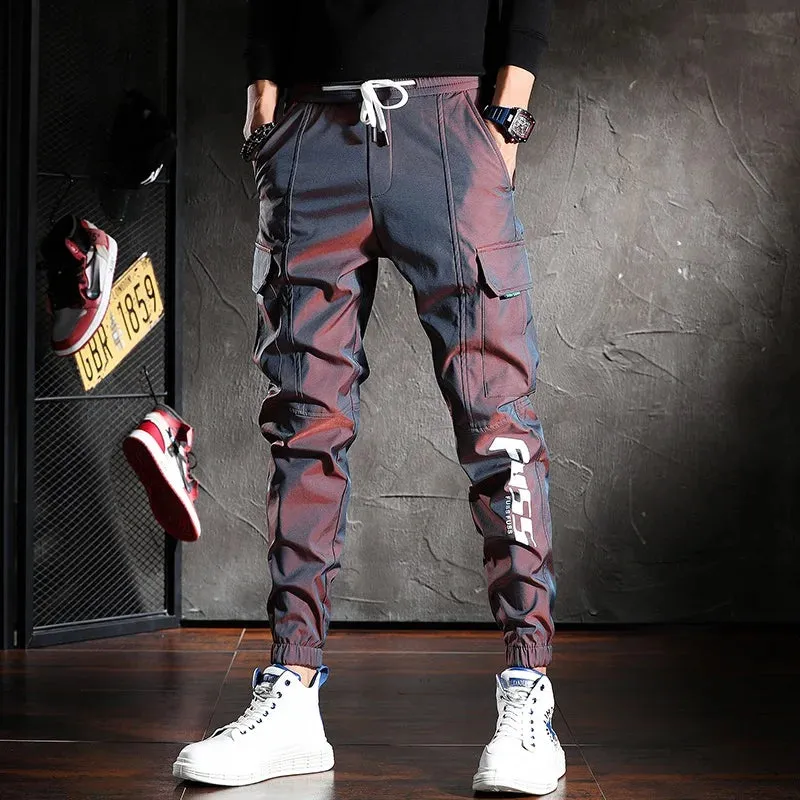 Dazzle Color Reflective Cargo Pants - Men's Handsome Joggers for Casual Streetwear with Drawstring Waist