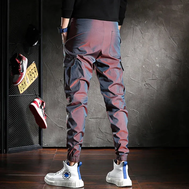 Dazzle Color Reflective Cargo Pants - Men's Handsome Joggers for Casual Streetwear with Drawstring Waist