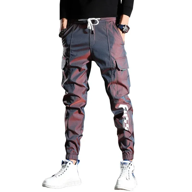 Dazzle Color Reflective Cargo Pants - Men's Handsome Joggers for Casual Streetwear with Drawstring Waist