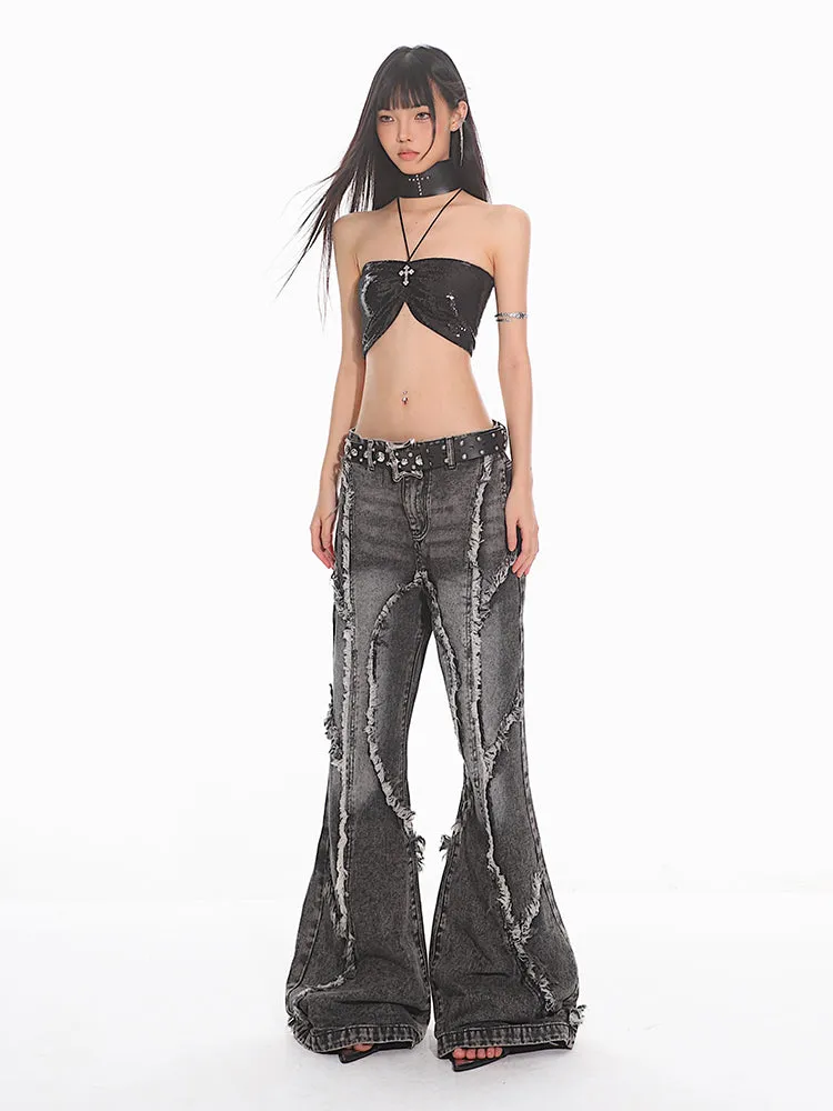 Distressed Black Deconstructed Flared Denim Jeans