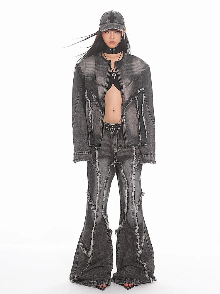 Distressed Black Deconstructed Flared Denim Jeans