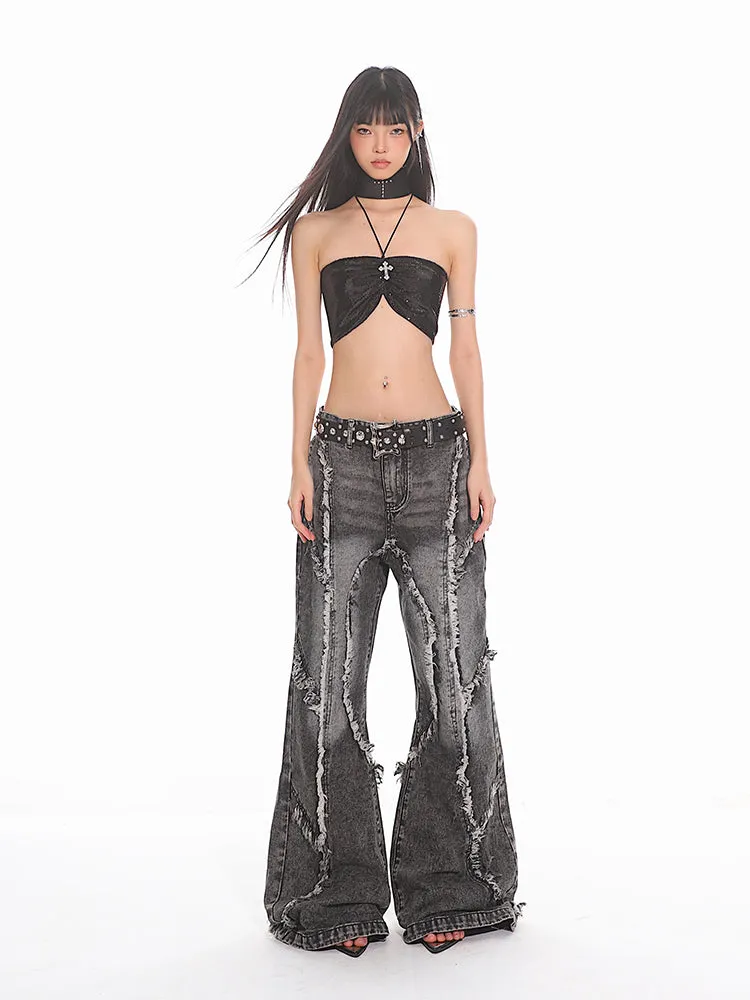 Distressed Black Deconstructed Flared Denim Jeans