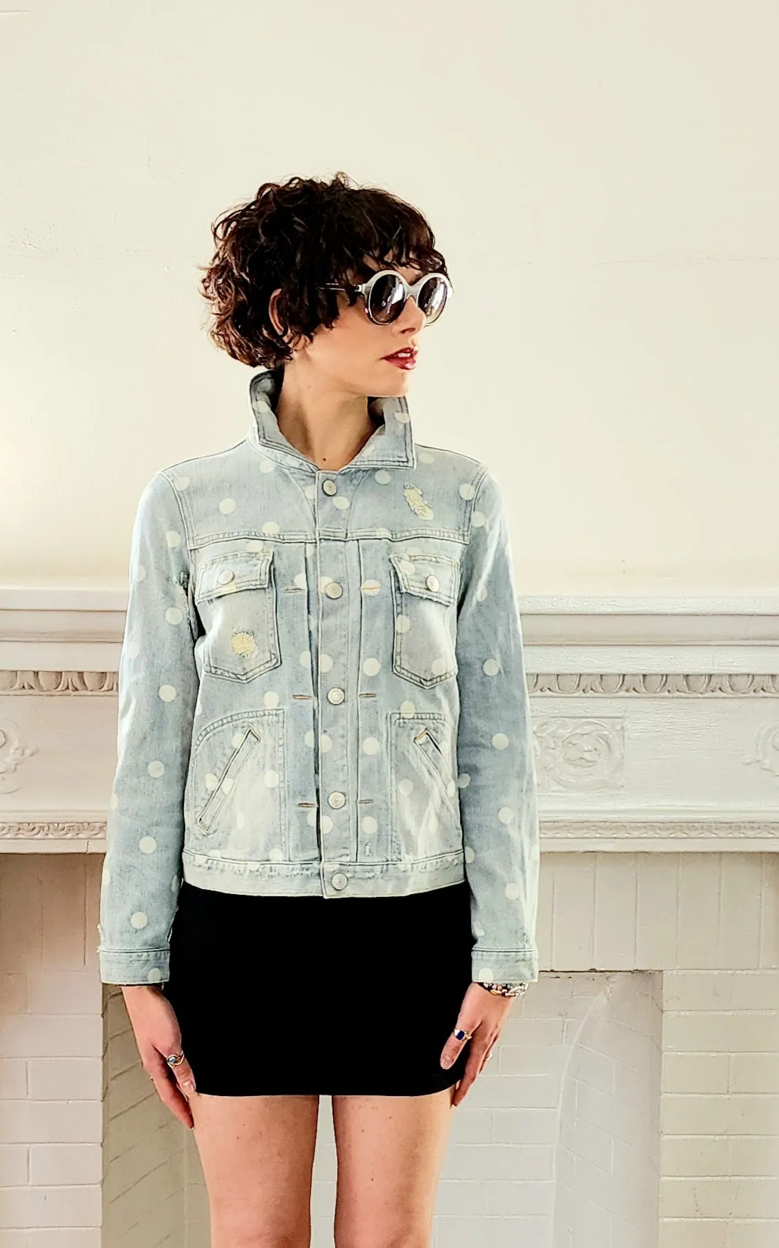 Distressed Denim Jacket Marc by Marc Jacobs, Blue w/White Polka Dots NWT / Med