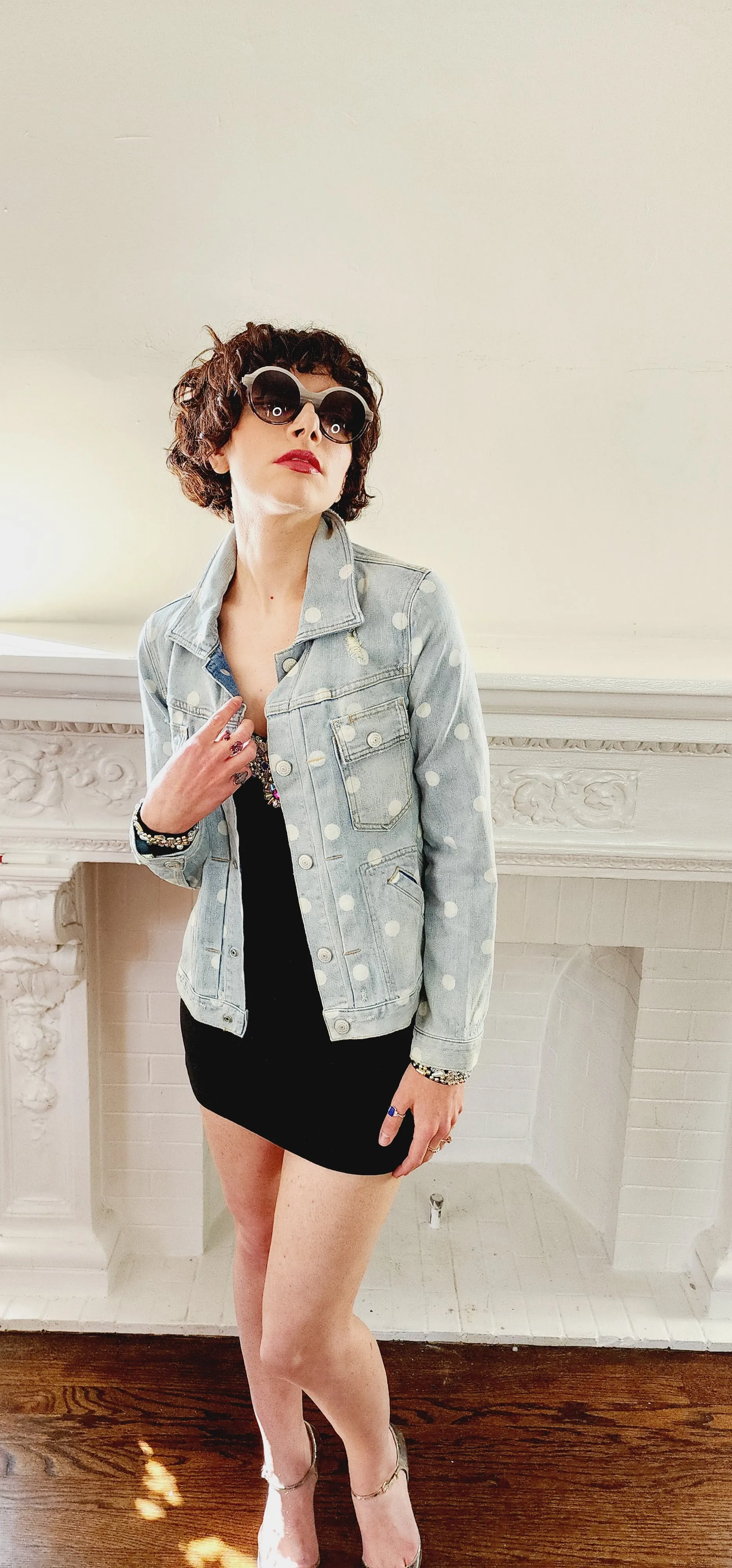 Distressed Denim Jacket Marc by Marc Jacobs, Blue w/White Polka Dots NWT / Med