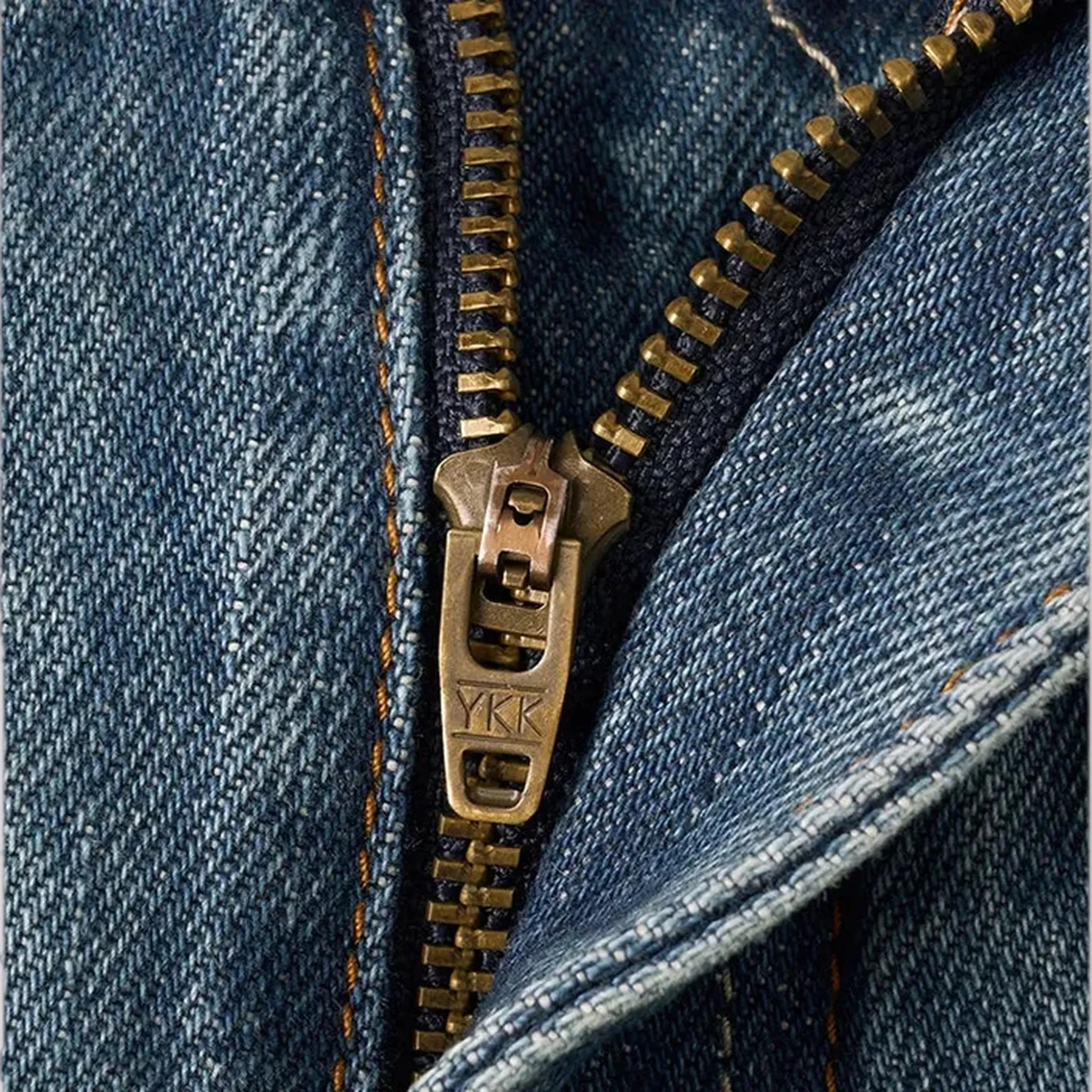 Distressed straight fit selvedge men's jeans